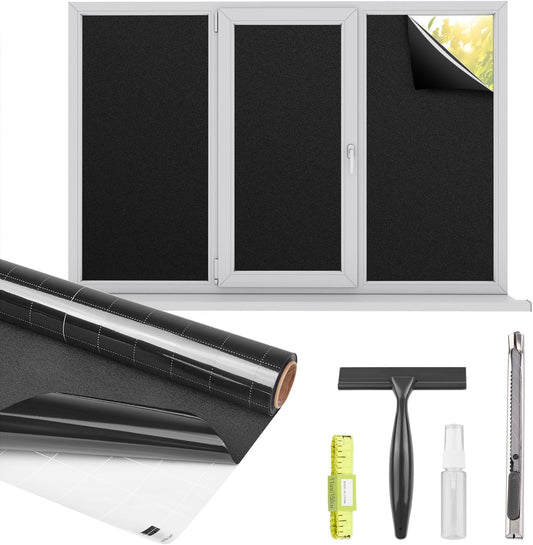 Kromapolis Blackout Window Privacy Film Total Light Blocking Room Darkening Window Covering, Removable Static Cling Frosted Glass Tint, Non-Adhesive, Black 45.2'' x 393.7''