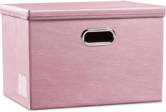 PRANDOM Large Collapsible Storage Box with Lid [1-Pack] Leather Fabric Foldable Storage Bin Organizer Container Basket Cube with Cover for Home Bedroom Closet Office Nursery Pink (17.7x11.8x11.8)
