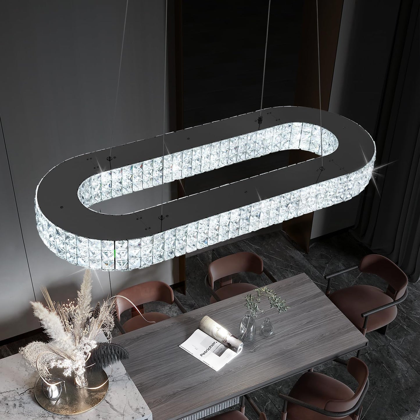 Modern Crystal Chandelier, Dia 40" Rectangular Chandelier for Dining Room,Black Rectangle Crystal Ceiling Light Luxury Oval Chandeliers for Living Room Kitchen Island