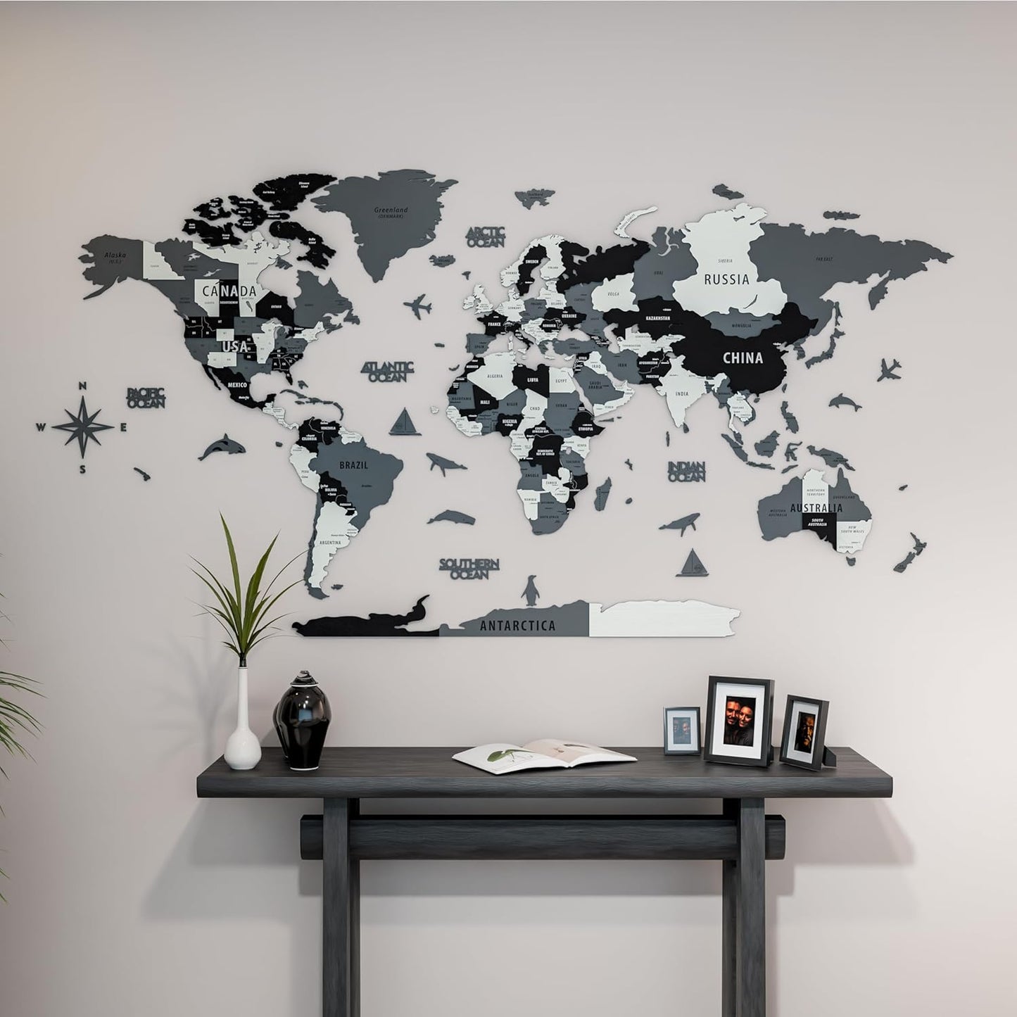Colorfull Worlds 3D Wooden World Map Wall Art | Unique Wall Decor with Pins for Travel Enthusiasts | Home and Office Wall Décor | Grey | XLarge