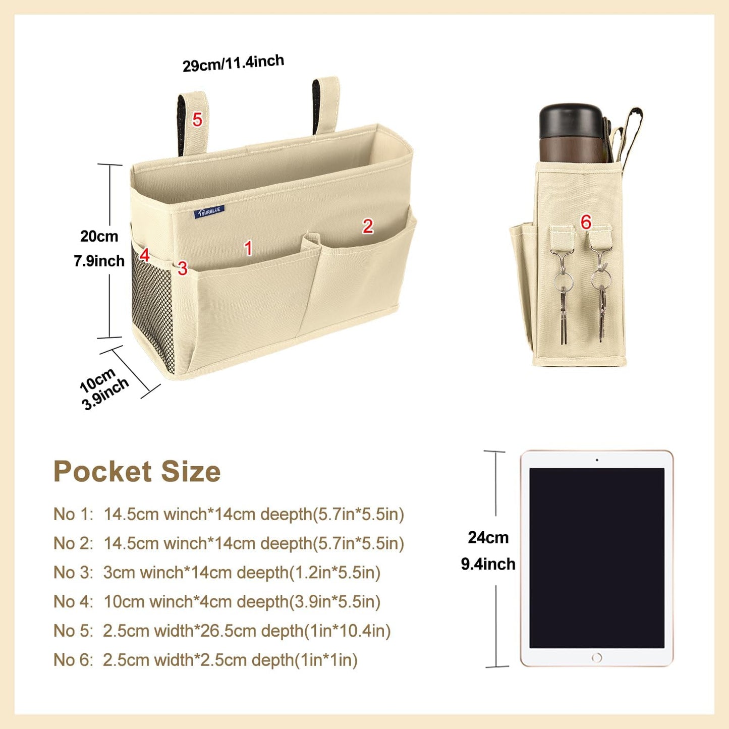 Surblue Bedside Caddy Hanging Organizer Storage Bag Pocket for Bunk, Hospital, College Dorm Rooms, Baby Bed Rails, Camp - 8 Pockets, Large, Beige