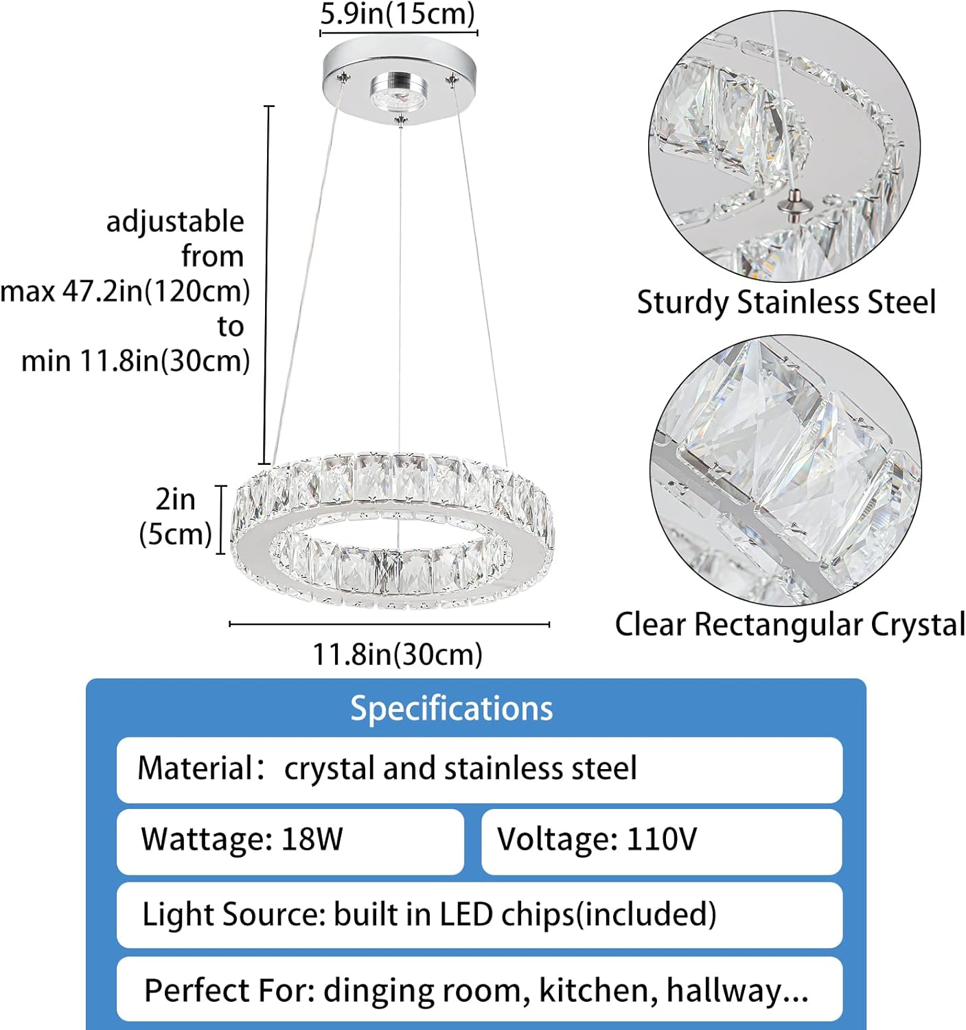 11.8" Crystal Chandelier LED Round Flush Mount Ceiling Light Fixture Modern Hanging Pendant Lighting Mini Ring Chandeliers for Dining Room Kitchen Island Hallway Bathroom (Cool White)