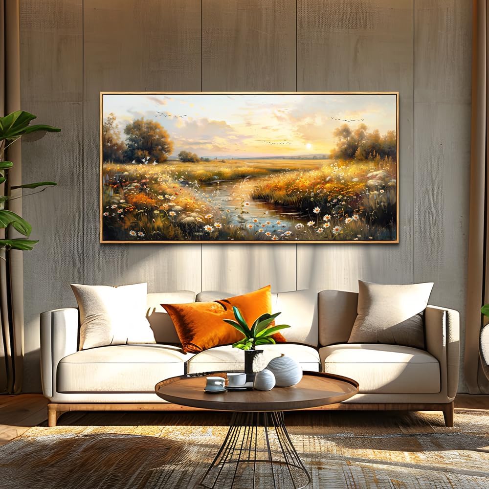 KELIYUAN Large Canvas Wall Art For Living Room Wall Decor For Bedroom Pastoral Landscape Painting Farmhouse Painting Office Restaurant Wall Pictures Artwork Ready To Hang Wood Framed 24"X48"