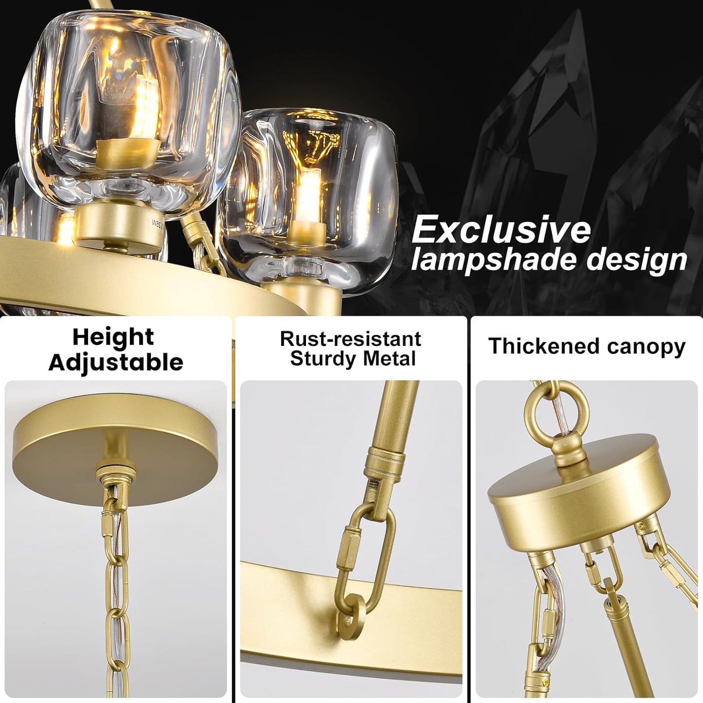 Gold Wagon Wheel Chandelier, 36 Inch Brass Chandeliers with Unique Glass Shade, 9-Light Crystal Farmhouse Wagon Wheel Chandeliers for Dining Room, Round Chandelier for Living Room, Foyer, Entryway