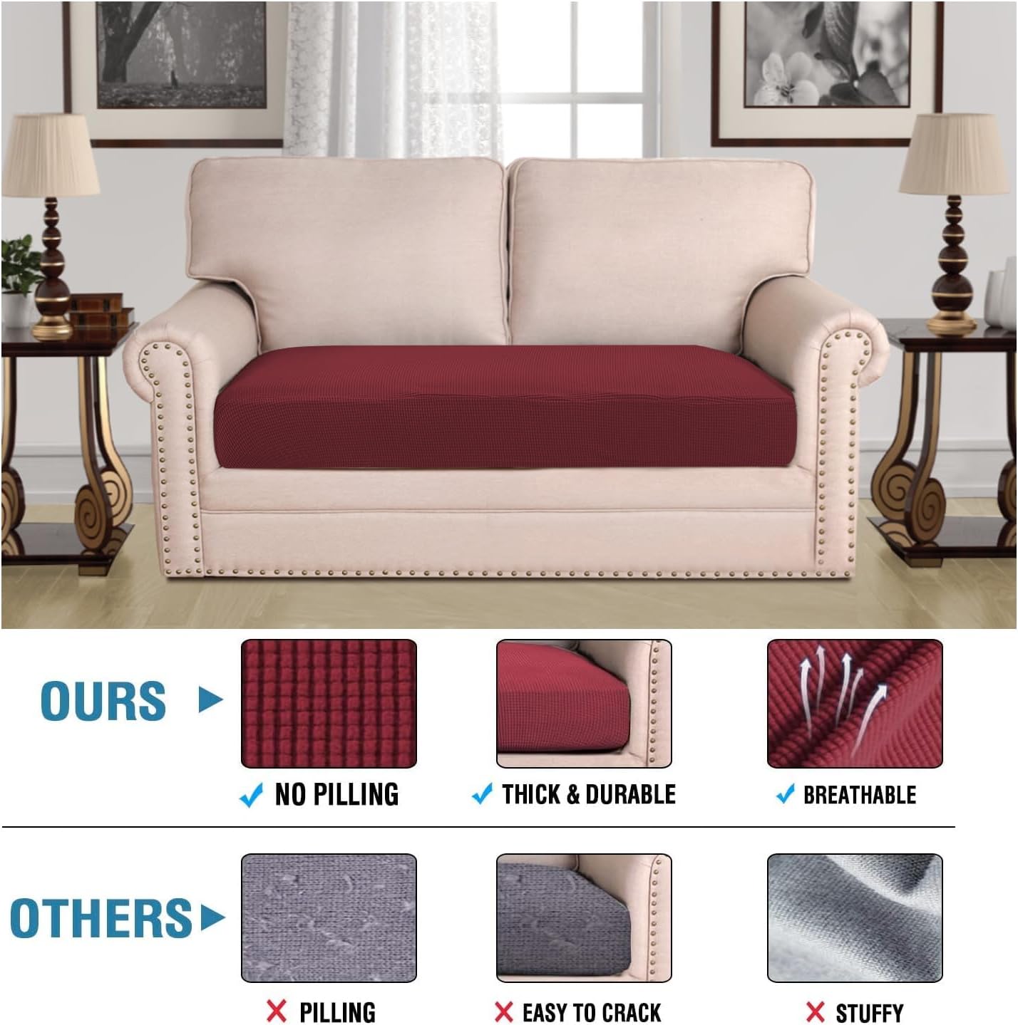 H.VERSAILTEX Super Stretch Individual Seat Cushion Covers Sofa Covers Couch Cushion Covers Slipcover Sets Thick Jacquard Textured Twill Fabric (1 Piece Loveseat Cushion Cover, Burgundy Red)