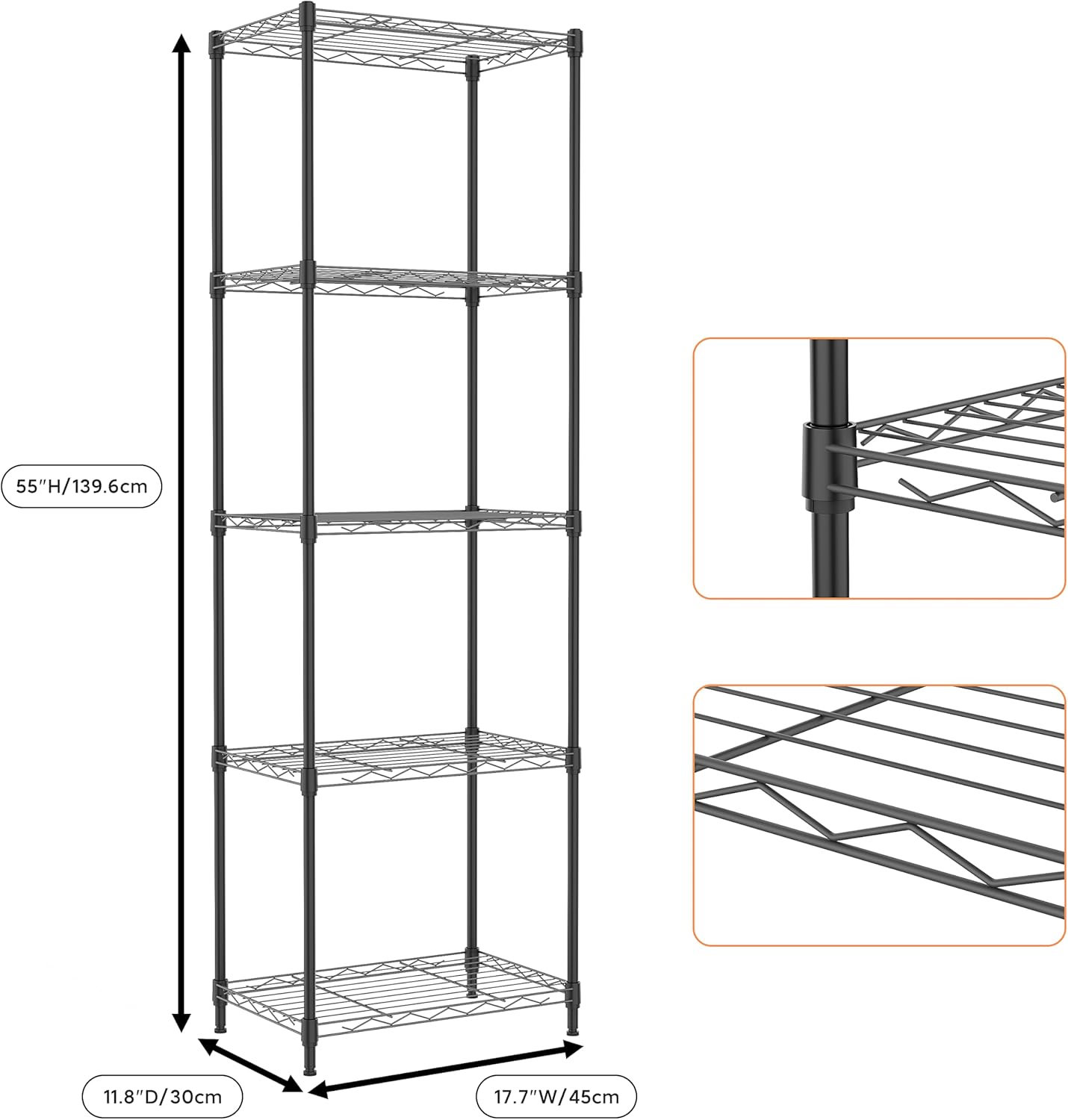 5 Tiers Shelf Metal Storage Shelves Wire Rack Closet Organizers with Wheel for Garage Kitchen Bathroom Laundry Black 11.8" D x 17.7" W x 55" H