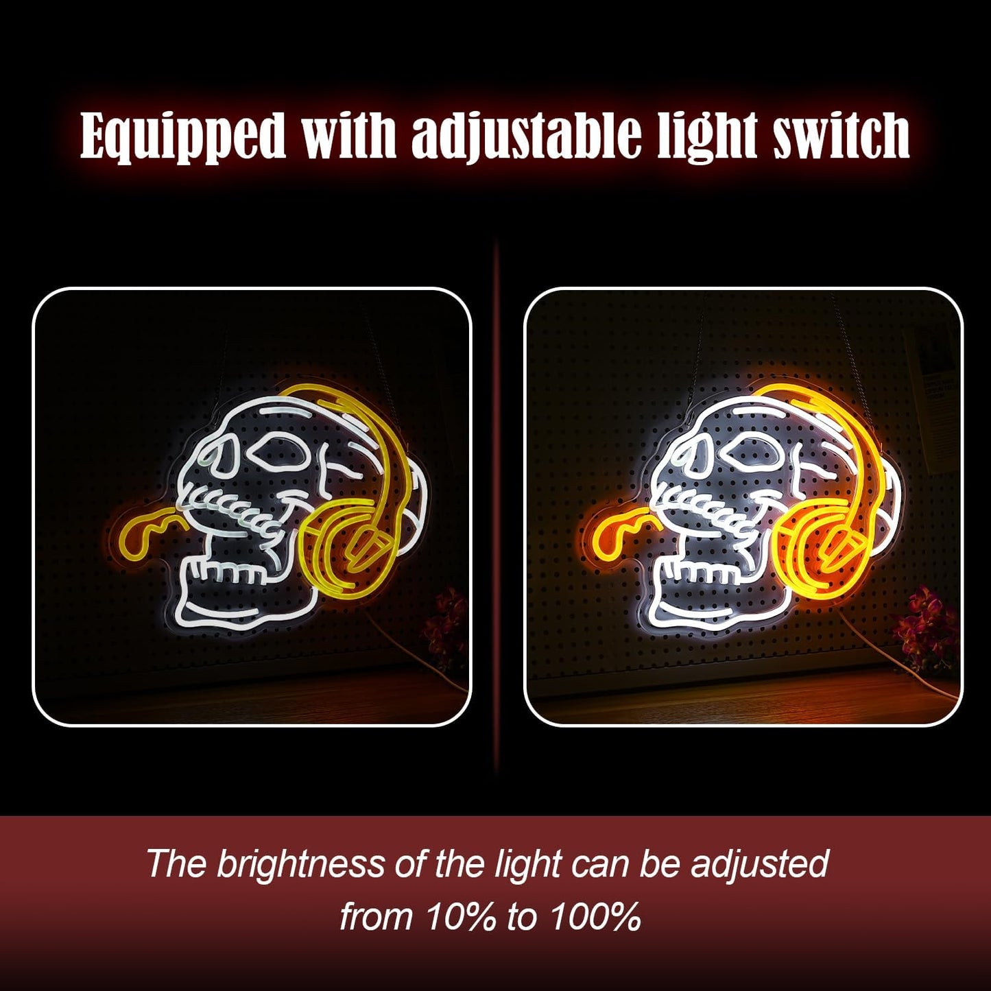 Skull Headphone Neon Sign Headphone Neon Light for Wall Decor LED Dimmable USB Skull Light Up Sign for Halloween Party Game Room Personalized Gifts(12.6 * 16.5In)