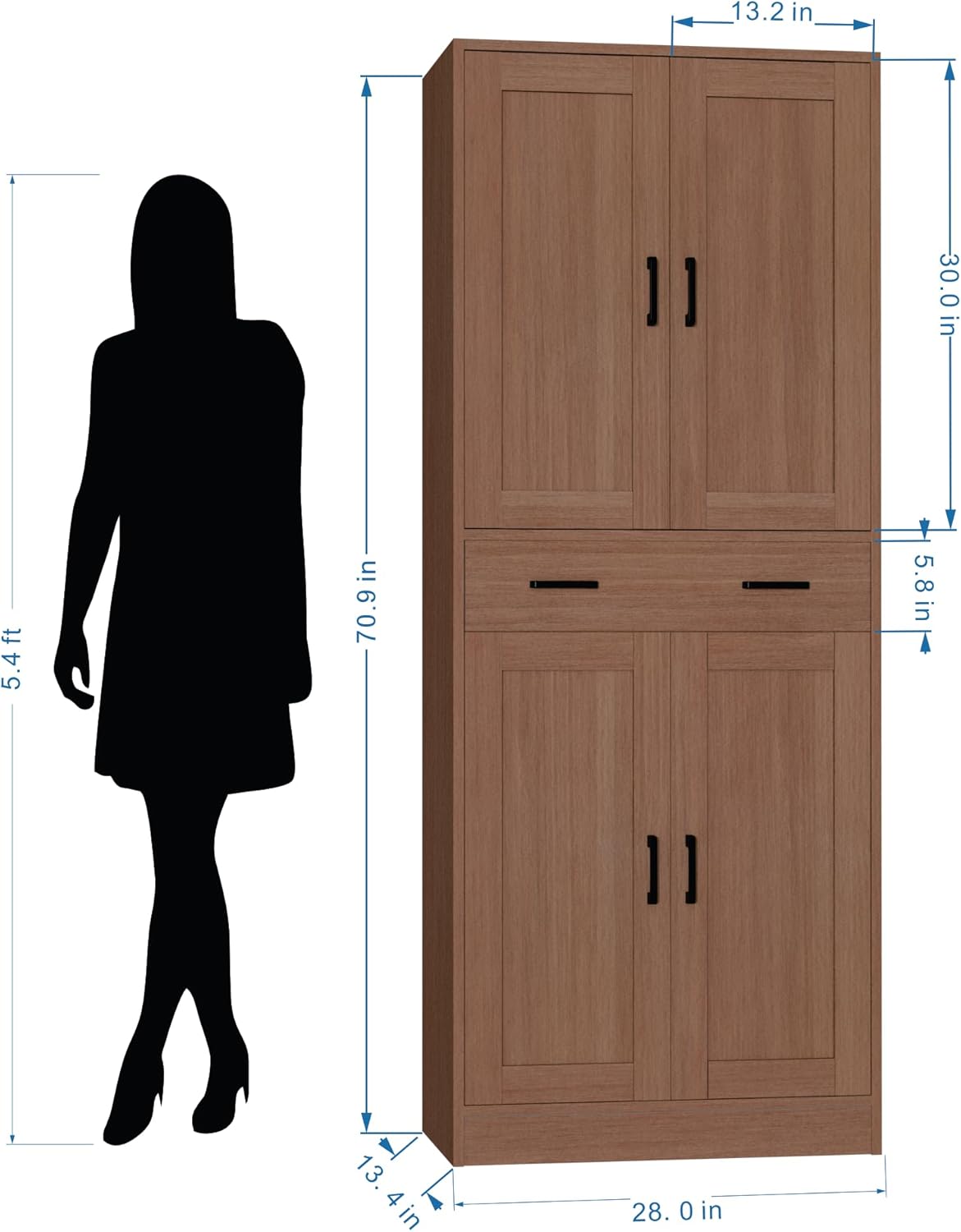 Brown Kitchen Pantry, 71" Tall Storage Cabinet with Doors and Drawer for Kitchen, Hallway, Office