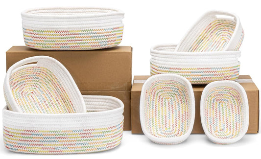 7 Piece Cotton Rope Woven Basket Set - Small Basket for Baby Nursery, Pets, Montessori, Dog & Cat Toy Boxes, Bathroom Organization Bins (White/Rainbow Stitching)