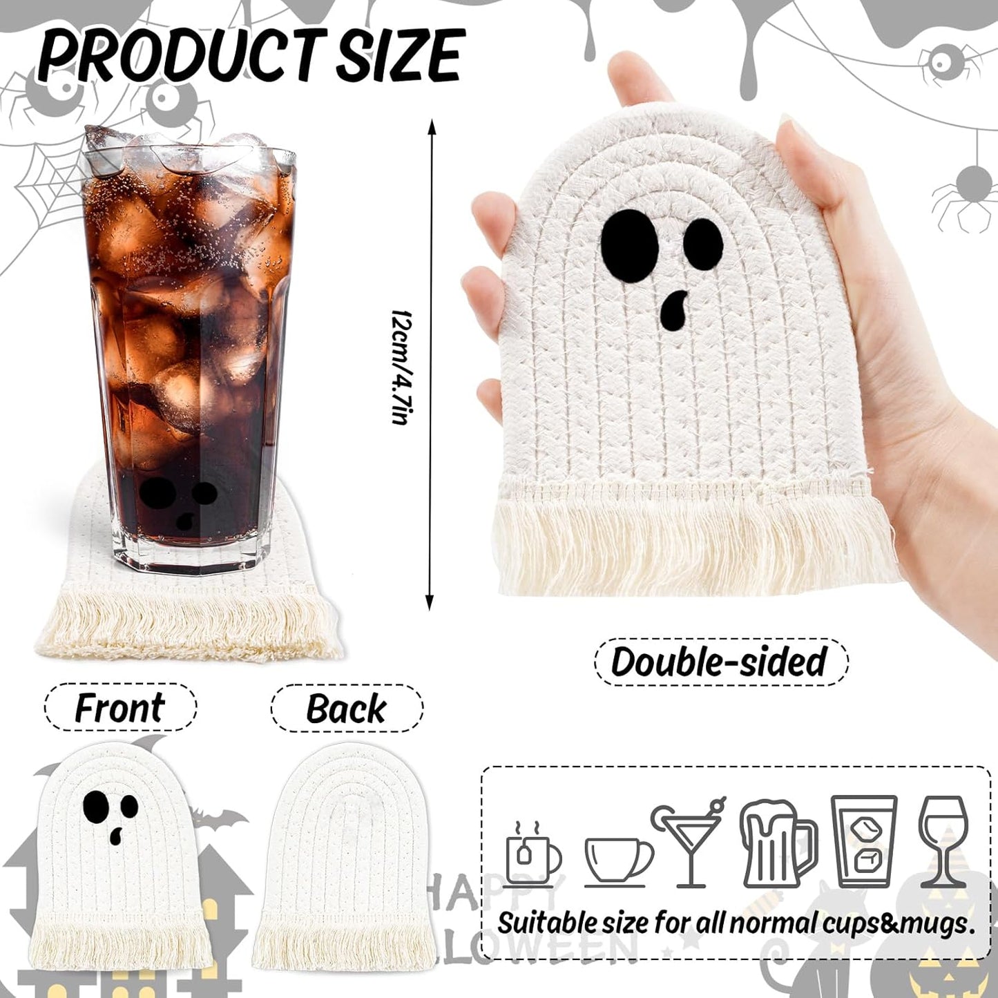 Whaline Halloween Ghost Cotton Coasters Cute White Ghost Shape Handmade Braided Drink Coasters Absorbent Cup Mats for Trick or Treat Party Home Table Decor, Set of 4
