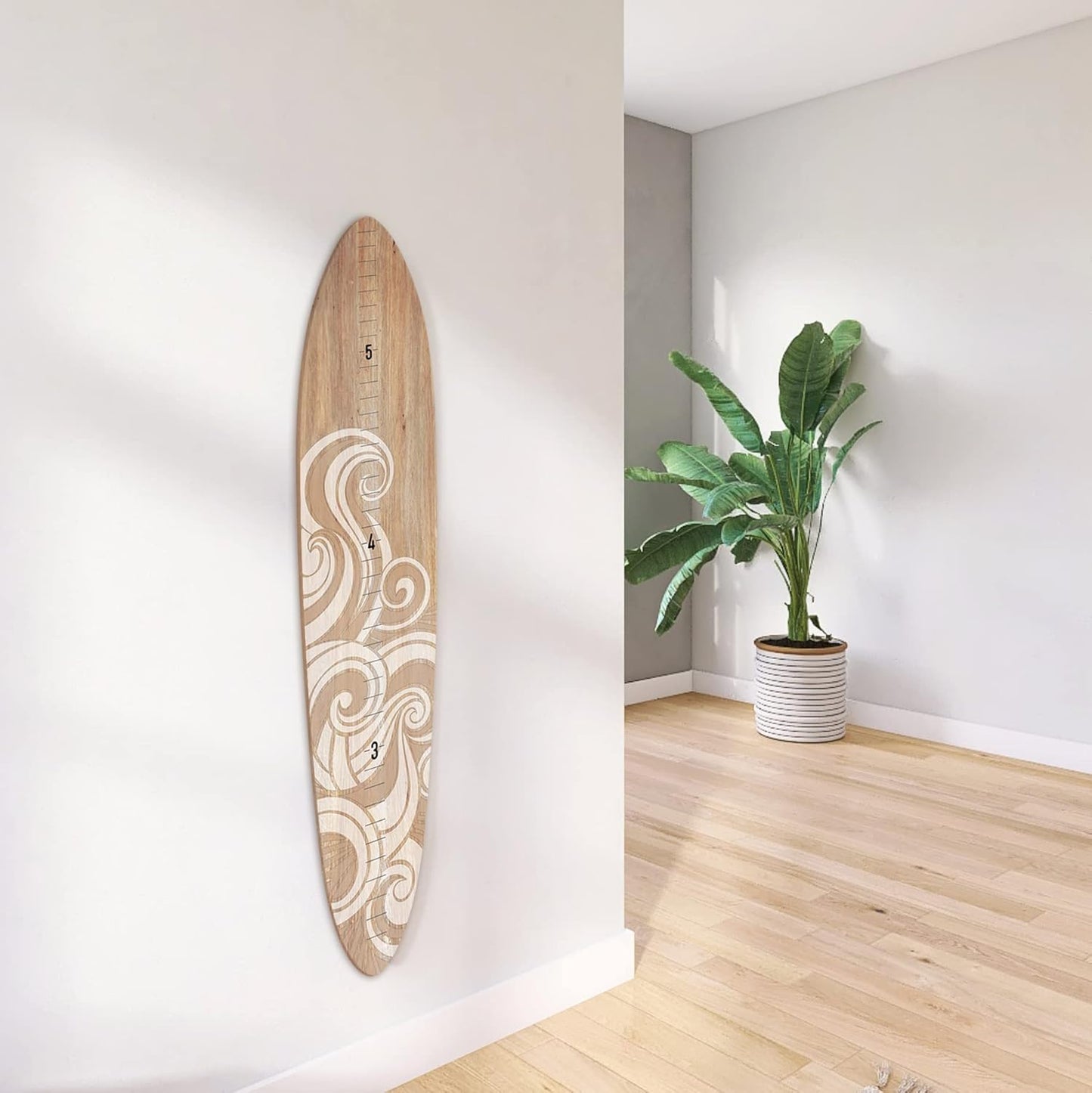 Wooden Surfboard Wall Decor Growth Chart - Surf Board Decor for Kids Room, Wooden Growth Chart for Wall, Surfboard Wall Art, Surfboards for Decoration - White Wave (9.5""x 45"")