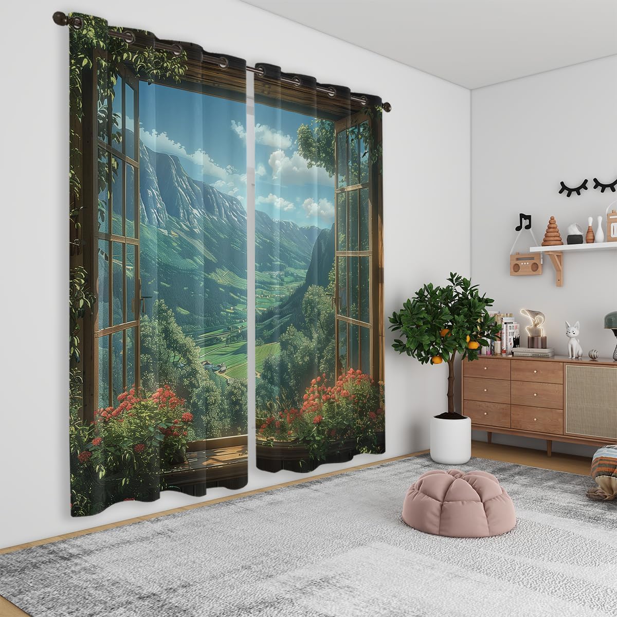 Mountain Blackout Curtains for Girls Boys Teens Home Decor, Spring Sky View Nature Forest Flower Grommet Thermal Insulated Drapes Darkening Window Curtain for Bedroom Living Room, 84 x 84 Inch