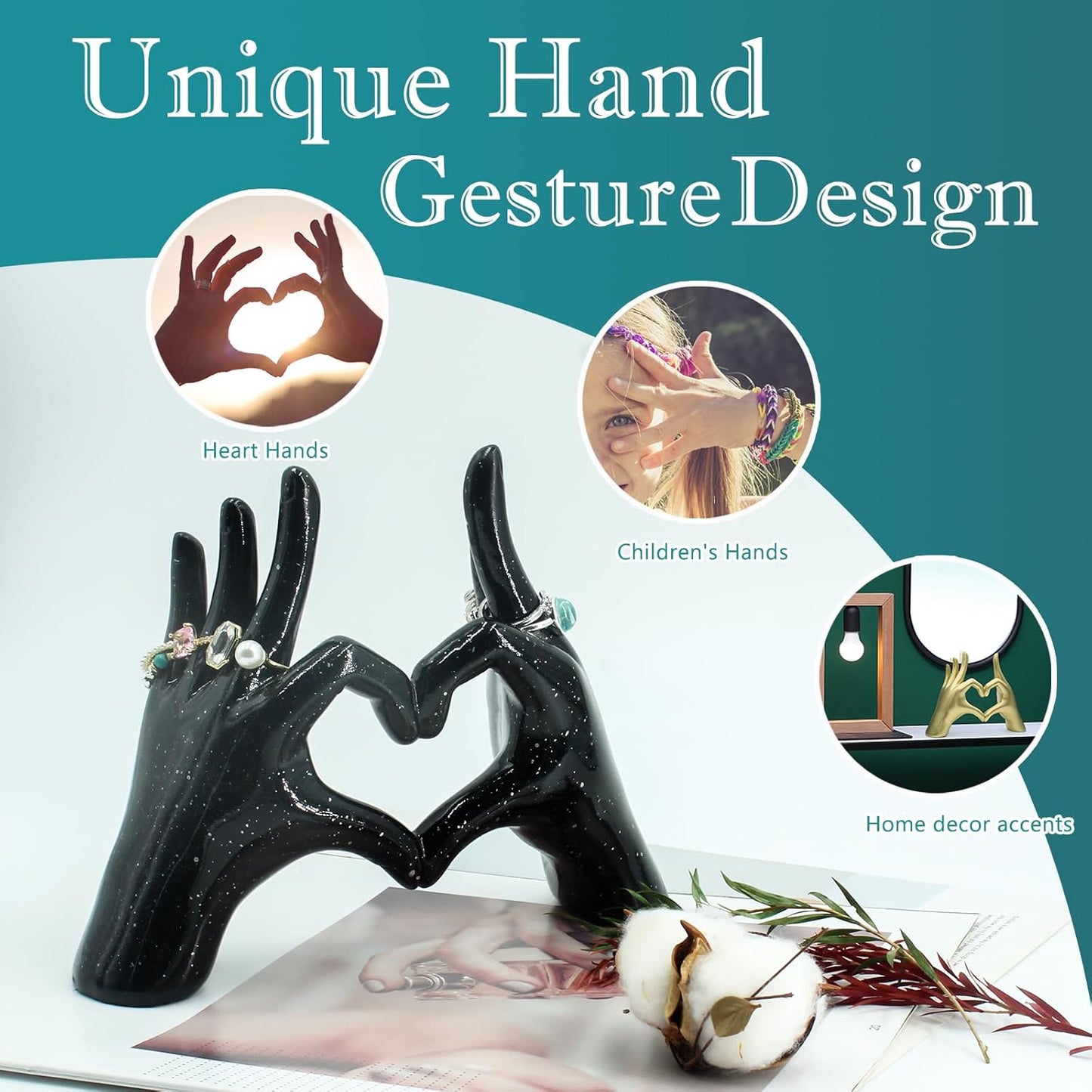 Accessoryway Black Heart Hands Decor Sculpture,Small Love Finger Gesture Decorative Sculpture for Wedding Dresser Shelves Desktop Knick Knacks Home Decor & Ring-Holder Display Stand