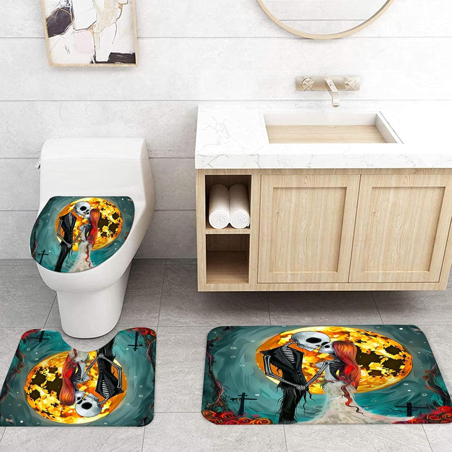 NEWSUYAA Halloween Decorations Shower Curtain Set with Non-Slip Rugs and Bath Mats,Black Skull Skeleton Bathtub Curtains with 12 Hooks,All Saints'Day (Nov 1st) Bathroom Decor