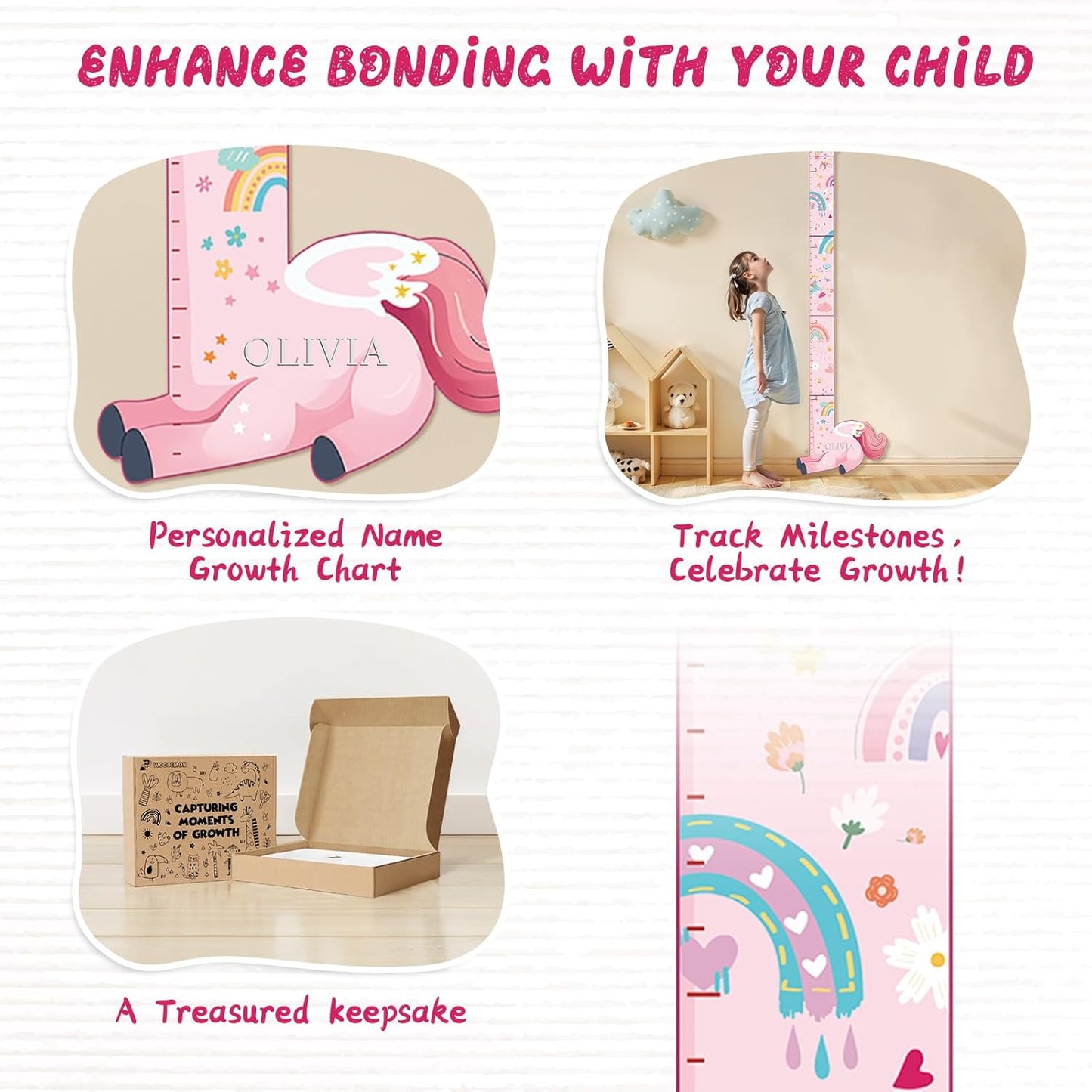 Personalized Name Growth Chart for Kids, Unicorn Wooden Wall Decor Growth Chart, Wall Decor for Kids Room, Wooden Growth Chart for Wall and Nursery Medical Office Toddler Playroom