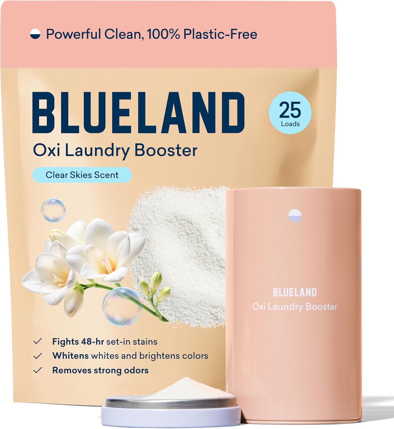 BLUELAND Oxi Laundry Booster Powder with Tin, Starter Set, Clear Skies Scent, 25 Loads, 17.6 oz, Plastic-Free, Eco Friendly, Oxy Cleaner, Stain Remover