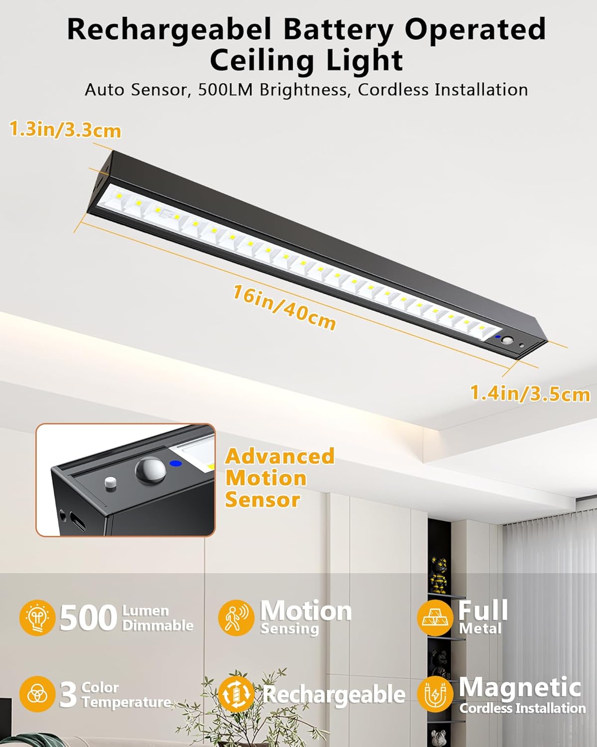 Rechargeable Motion Sensor Ceiling Light, Full Metal Battery Powered LED Closet Light, 3 Color 500LM Dimmable with Remote & Timer, Magnetic Cordless Mount for Shower, Hallway, Garage, Pantry -Black