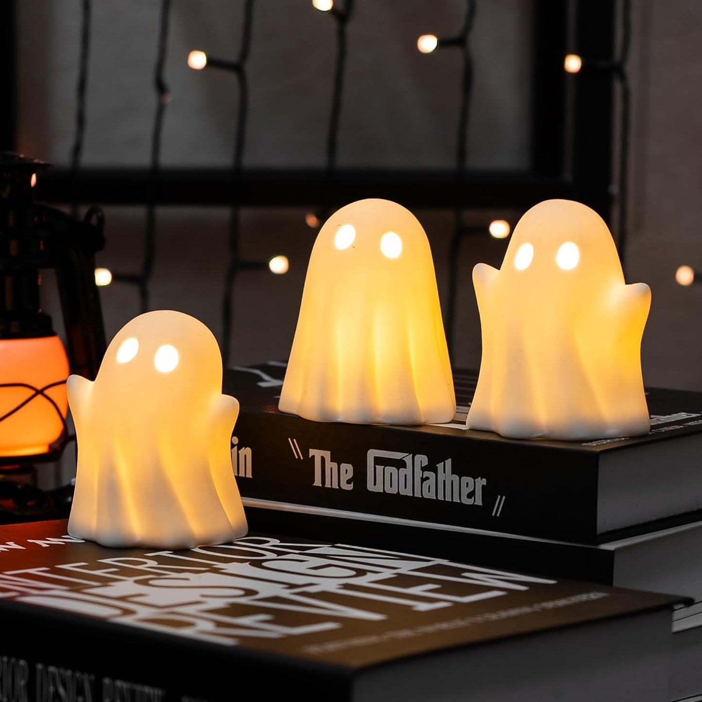 NEROSUN 3 Pack Cute Ghost Light Up Halloween Decor, LED White Ceramic Spooky Flameless Lanterns Decorative Light Fall Halloween Party Decoration for Home Bedroom Room Table Shelf