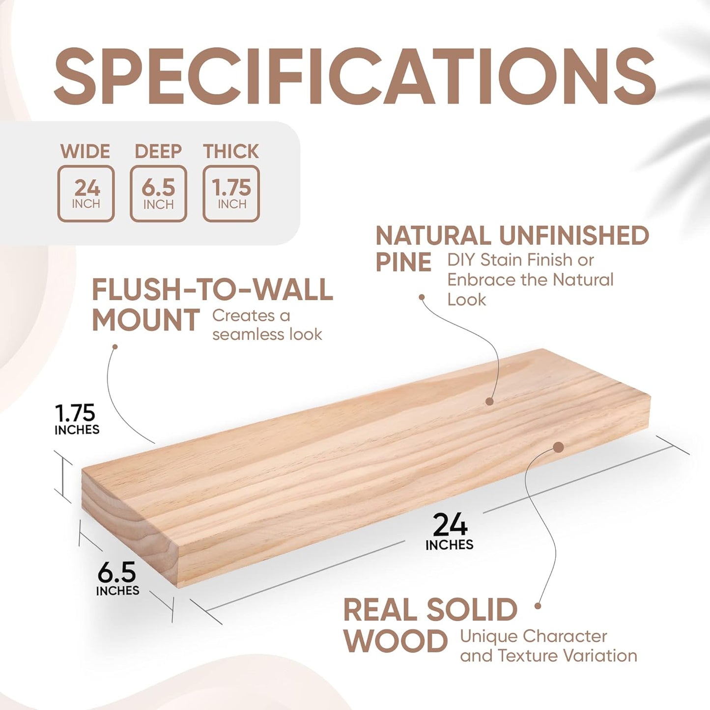 Homeforia 24 inch Wood Floating Shelves, High End Solid Natural Wood 24inch Floating Shelf for Wall, Unfinished Wooden 24 inches Floating Shelves, Heavy Duty Bracket, 24 X 6.5 X 1.75 in, Set of 2