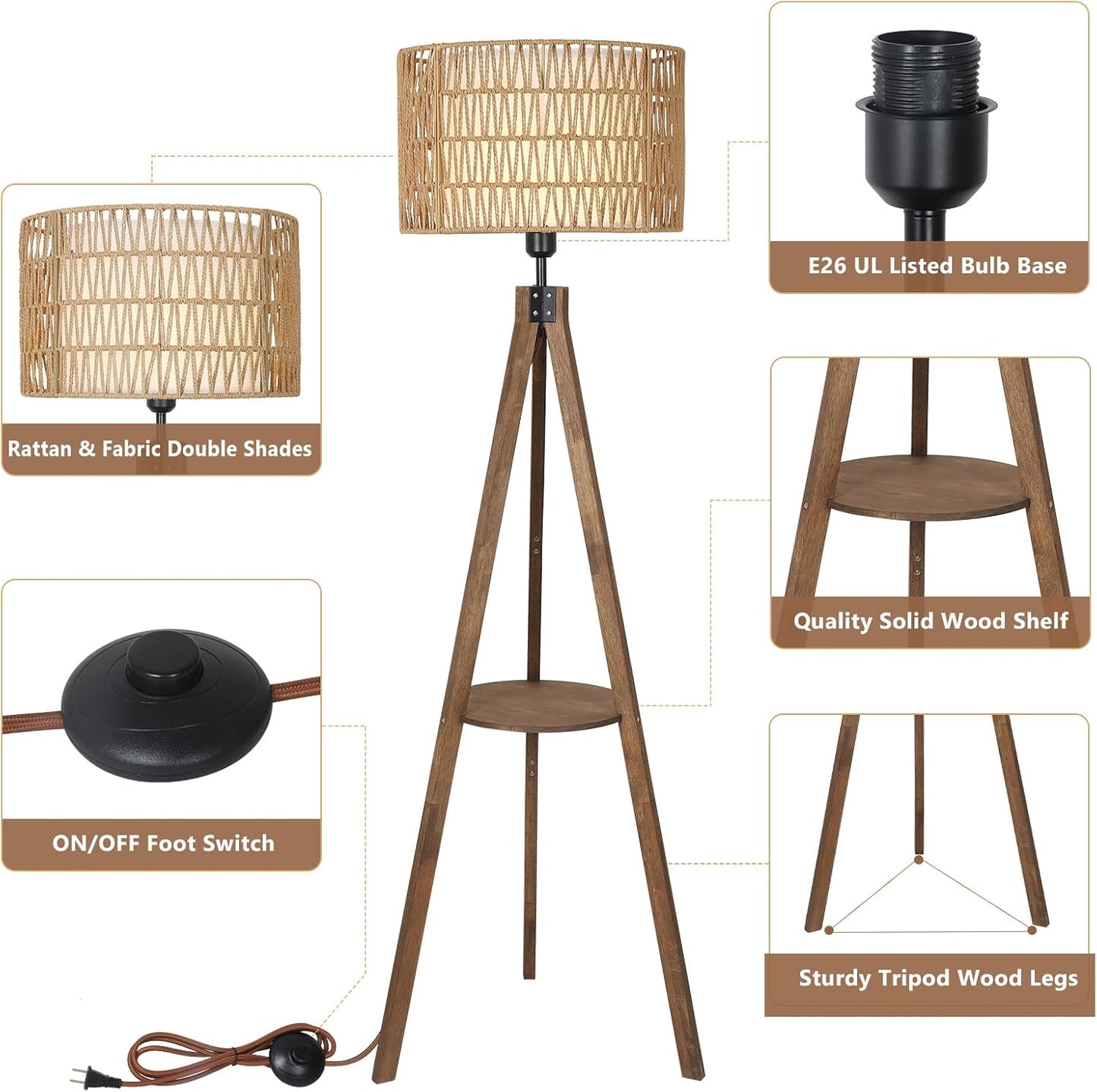 Boho Tripod Floor Lamps for Living Room, Rattan Wood Floor Lamp with Fabric Shades, Mid Century Standing Lamp with Shelf, Foot Switch, Modern Farmhouse Tall Lamps for Bedroom Office Brown