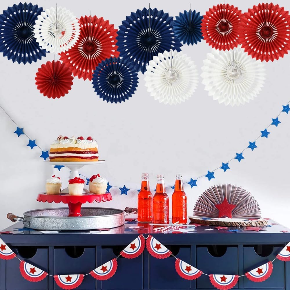 BEISHIDA Red White Blue Hanging Honeycomb Round Paper Fans Decoration Patriotic Theme Tissue Paper Fan Garland for Baby Shower Kid Birthday Graduation Wedding Party Supplies（11packs）