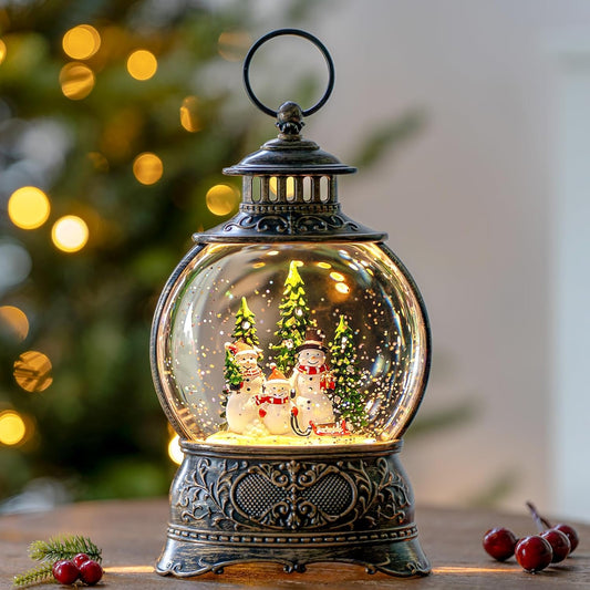 Christmas Snow Globes Christmas Water Lantern with Snowman Family with sled Christmas Tree Music & 6H Timer, USB Lined/Battery Operated Lighted Lanterns for Xmas Festival Decoration Gifts