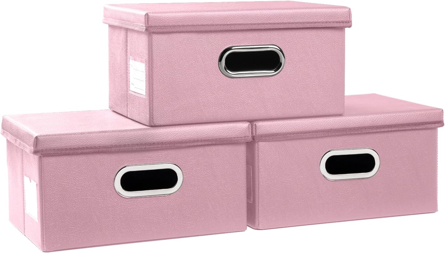 PRANDOM Collapsible Storage Box with Lid [3-Pack] Leather Fabric Foldable Storage Bin Organizer Container Basket Cube with Cover for Home Bedroom Closet Office Nursery Pink(13.6x9.6x6.9)