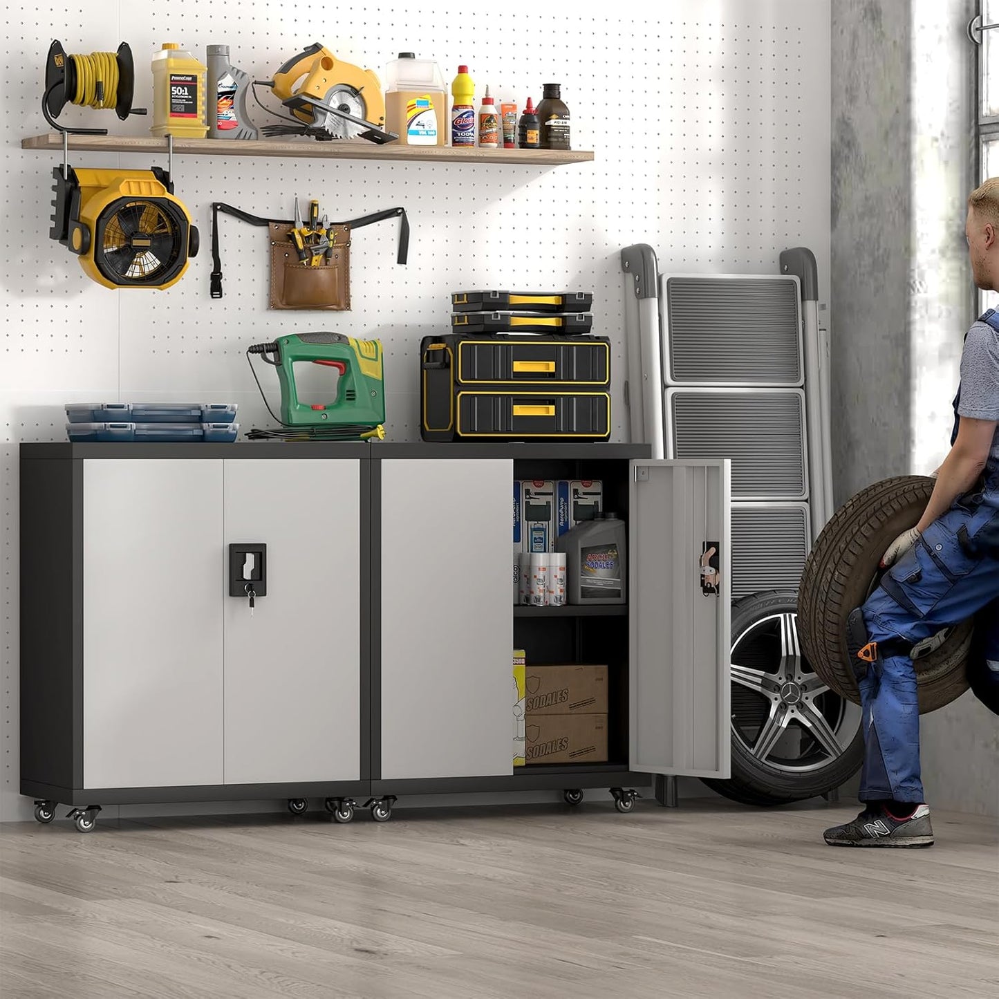 Locking Storage Cabinet,Steel Garage Cabinet with Wheels,Utility Tool Cabinet1 for Garage,Home Office and Warehouse