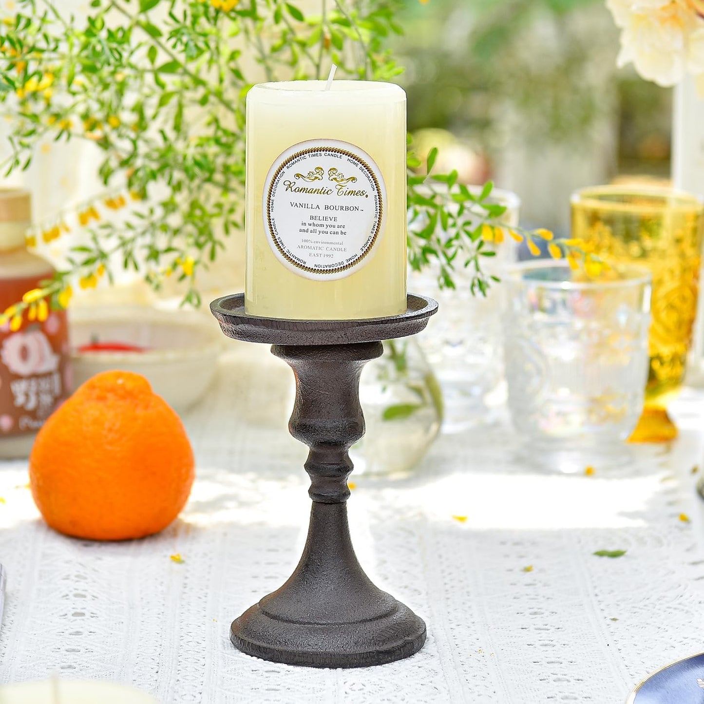 Sungmor Rustic Cast Iron Pillar Candle Holder, 5.9" Tall Vintage Candlestick Holders, Table Centerpiece Metal Candle Holder, Farmhouse Candle Stand for Fireplace Shelf Home Decor