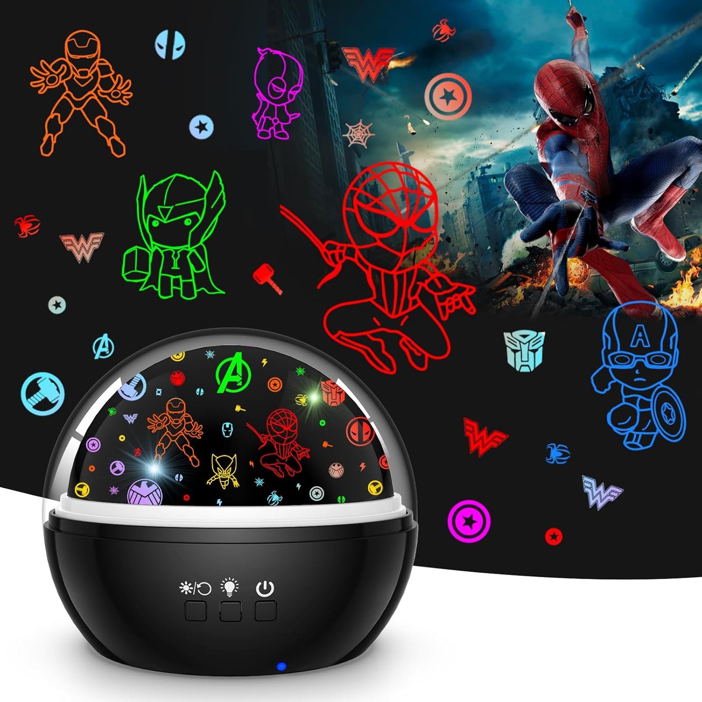 Superhero Night Light Projector for Boy,Kids Night Lights with Spiderman and Star Theme,360 Degree Rotation,15 Mode Color Changing,Birthday Gift Toys