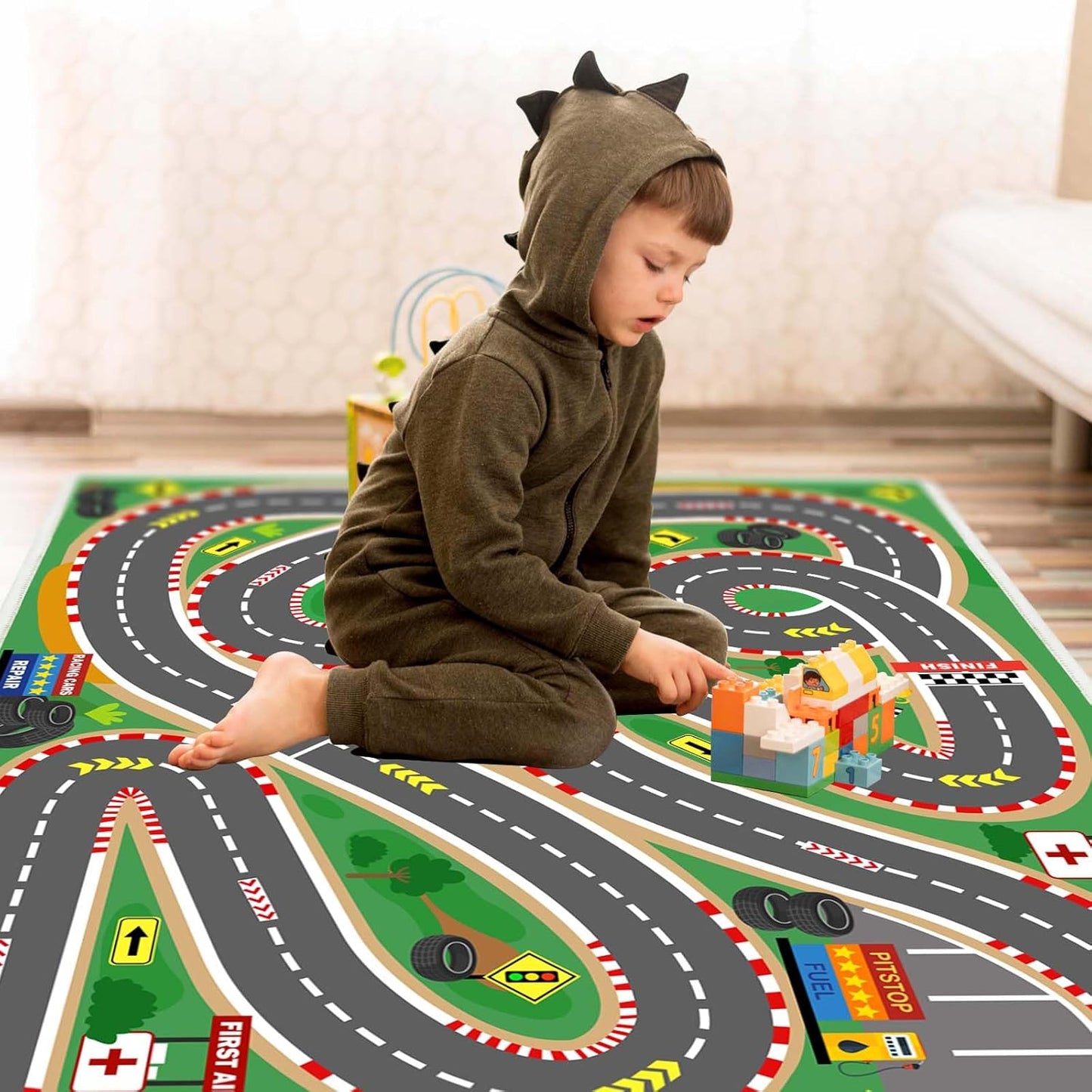 Kids Rug Play mat Playroom Rugs Car Rugs for Kids Toy Cars Race Track for Classroom Rug (Race-Green, 5.2x7.9ft)