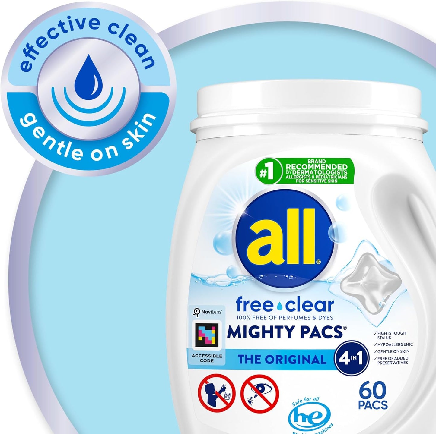 All Mighty Pacs Laundry Detergent, Free Clear for Sensitive Skin, Tub, 60 Count