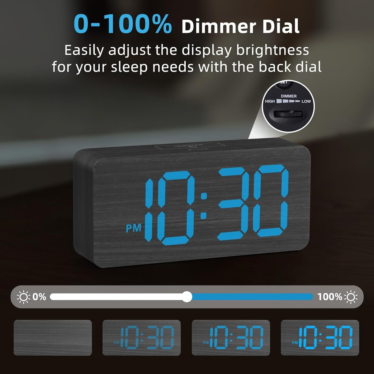 uscce Wooden Digital Alarm Clocks for Bedrooms: Dimmable Dual Alarm Clock with Large Numbers for Bedside Desk - Loud Alarm for Heavy Sleepers with Volume Control - Wood Decor & Gifts