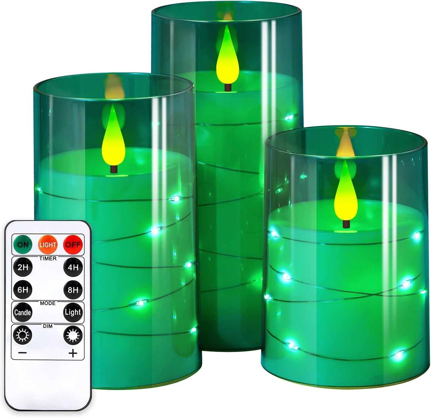 NURADA Flickering Flameless Candles: Built-in Star String Acrylic Battery Operated LED Pillar Candles with Remote and Timer for Home Party Weddings Christmas Halloween Decor -Green 3 Pack