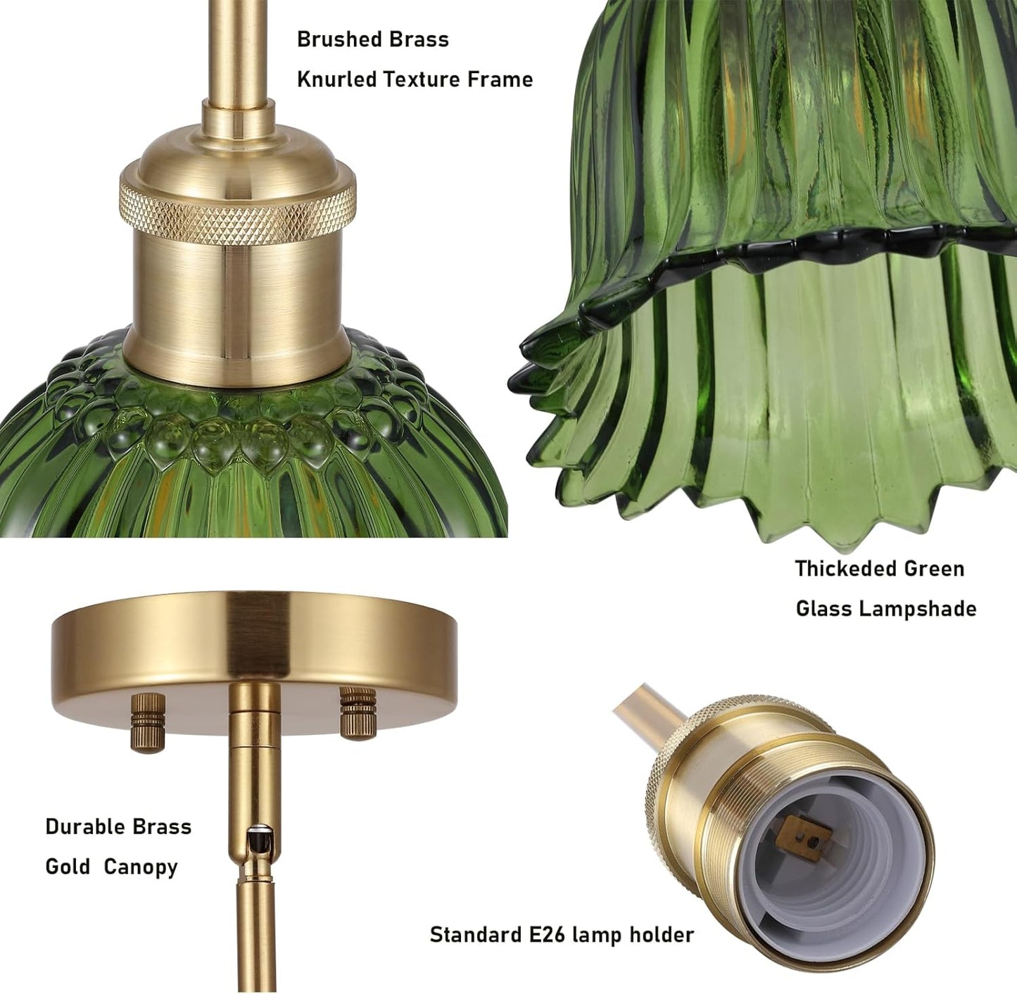 Modern Gold Pendant Light Brushed Brass Mid Century Chandelier Green Glass Shades Adjustable Rods Farmhouse Ceiling Hanging Lighting Fixture Kitchen Island Dining Room Bedroom