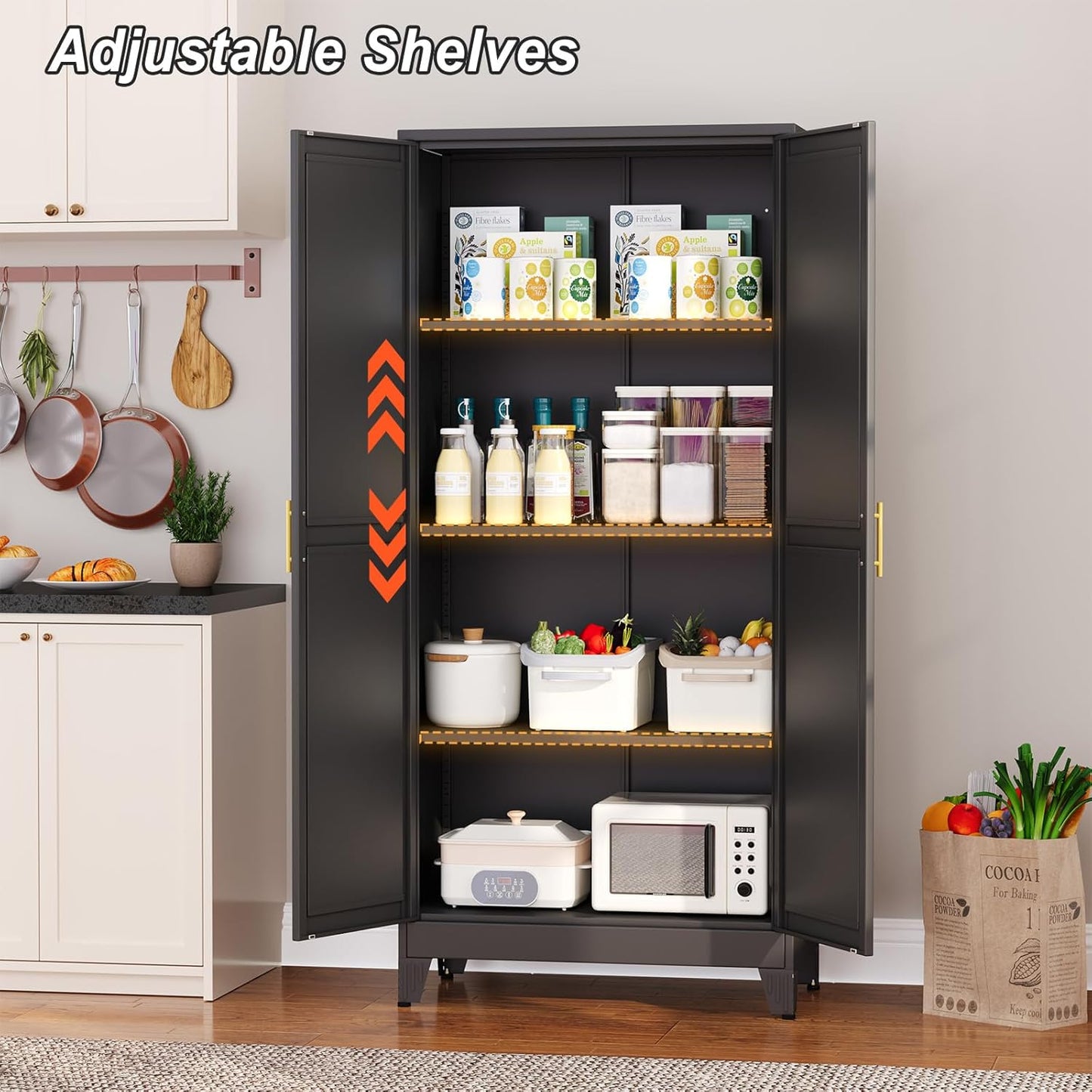 Metal Pantry Cabinet with 2 Doors and Adjustable Shelves, 61"Kitchen Storage Cabinet with Gold Handles, Versatile Storage for Laundry, Living, Bathroom, Dining, Utility Room - Black