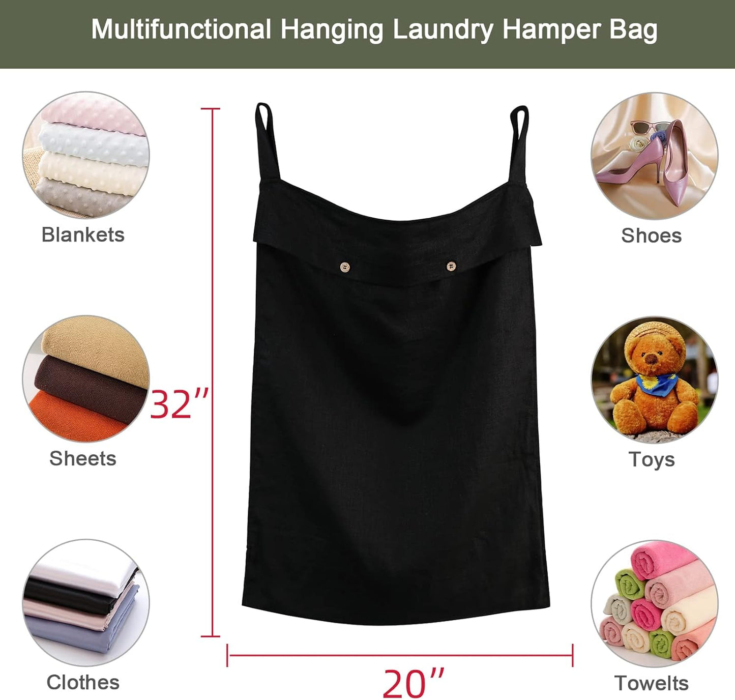 Linen Hanging Laundry Bag, 100% Linen Over The Door Laundry Hamper with Buttons and Zipper, Space Saving Door Hampers for Laundry Dirty Clothes Home Travel, Black