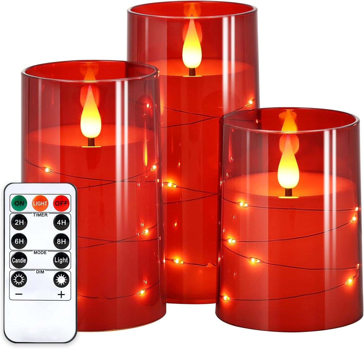 NURADA Flickering Flameless Candles: Built-in Star String Lights Battery Operated LED Pillar Candles with Remote and Timer Romantic Decorations for Wedding Party Christmas Halloween - Red 3 Pack