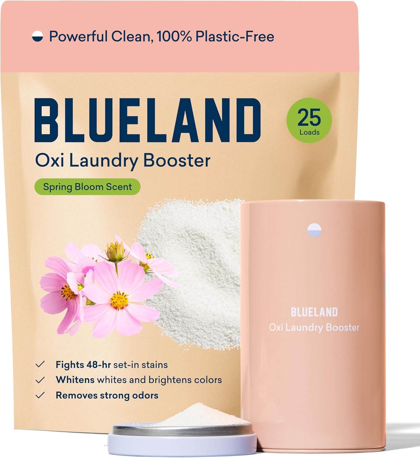 BLUELAND Oxi Laundry Booster Powder with Tin, Starter Set, Spring Bloom Scent, 25 Loads, 17.6 oz, Plastic-Free, Eco Friendly, Oxy Cleaner, Stain Remover