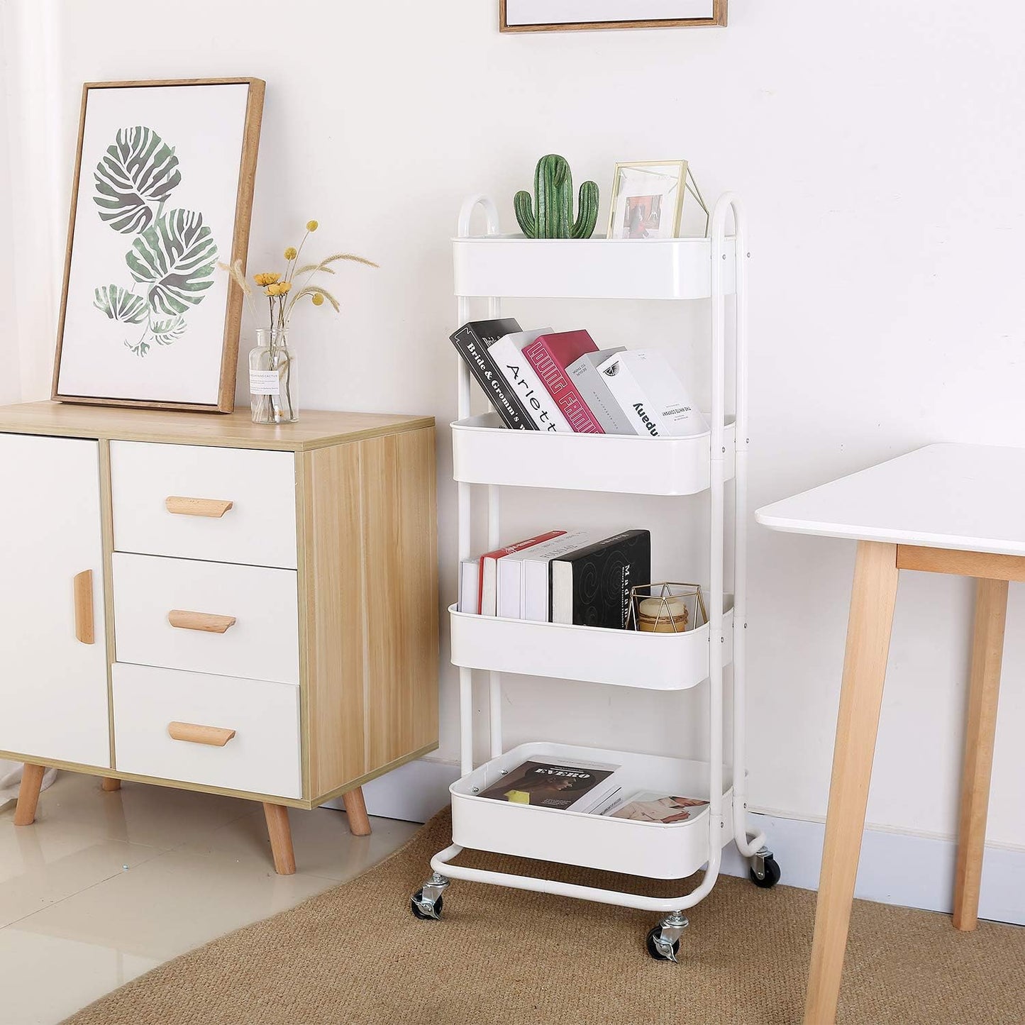 Melody House 4-Tier Metal Mesh Utility Rolling Cart Storage Organizer Shelf Rack with Lockable Wheels for Living Room Kitchen Office, White