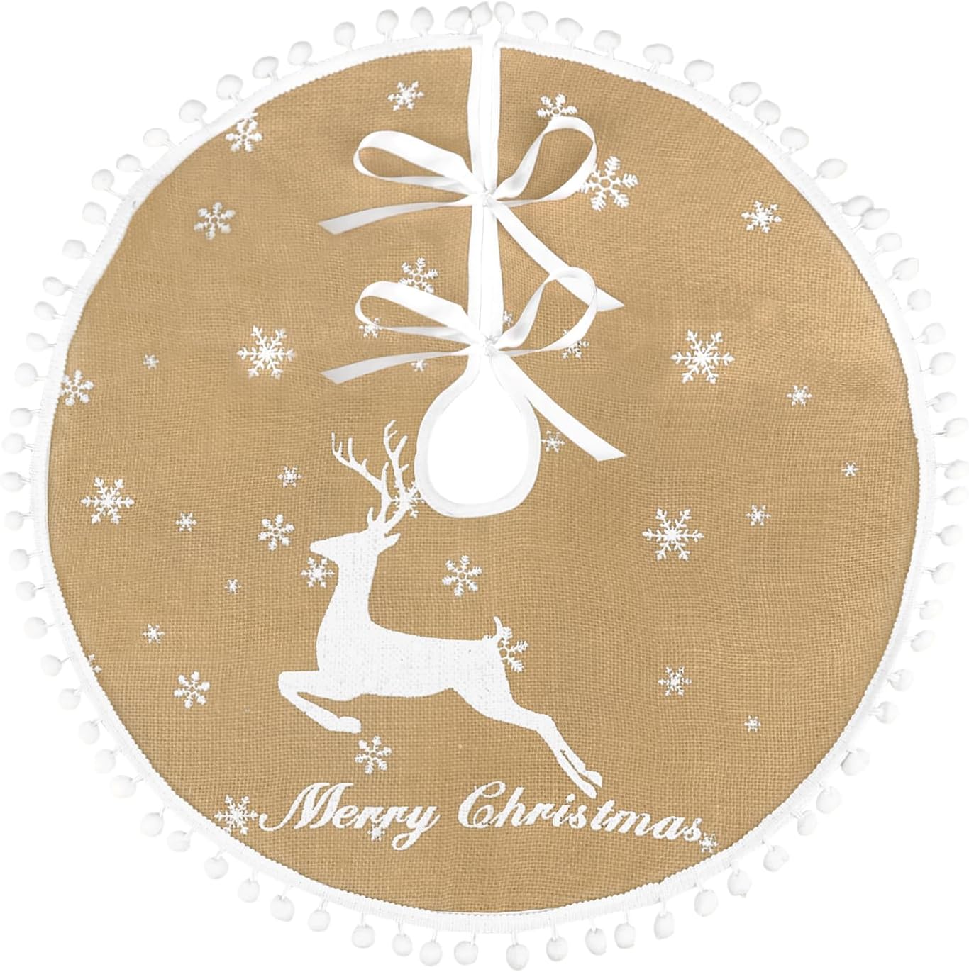 30 Inch Christmas Tree Skirt, Burlap Linen Color Christmas Rustic Tree Skirt with Elk Deer and White Snowflake Printed for Holiday Party Xmas Tree Decoration