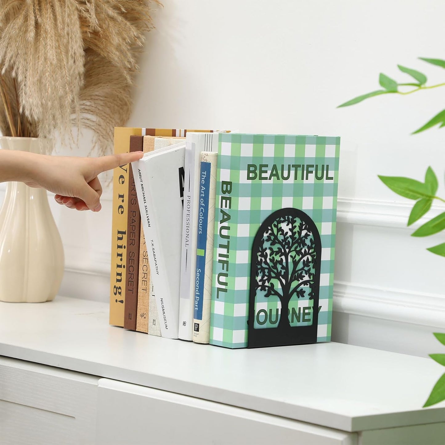 Faccito 5 Pairs Book Ends, Black Metal Bookends for Shelves Decorative, Non Skid Tree Stopper and Flower Shelf Holder for Heavy Books, Home Office School Supplies (Classic)