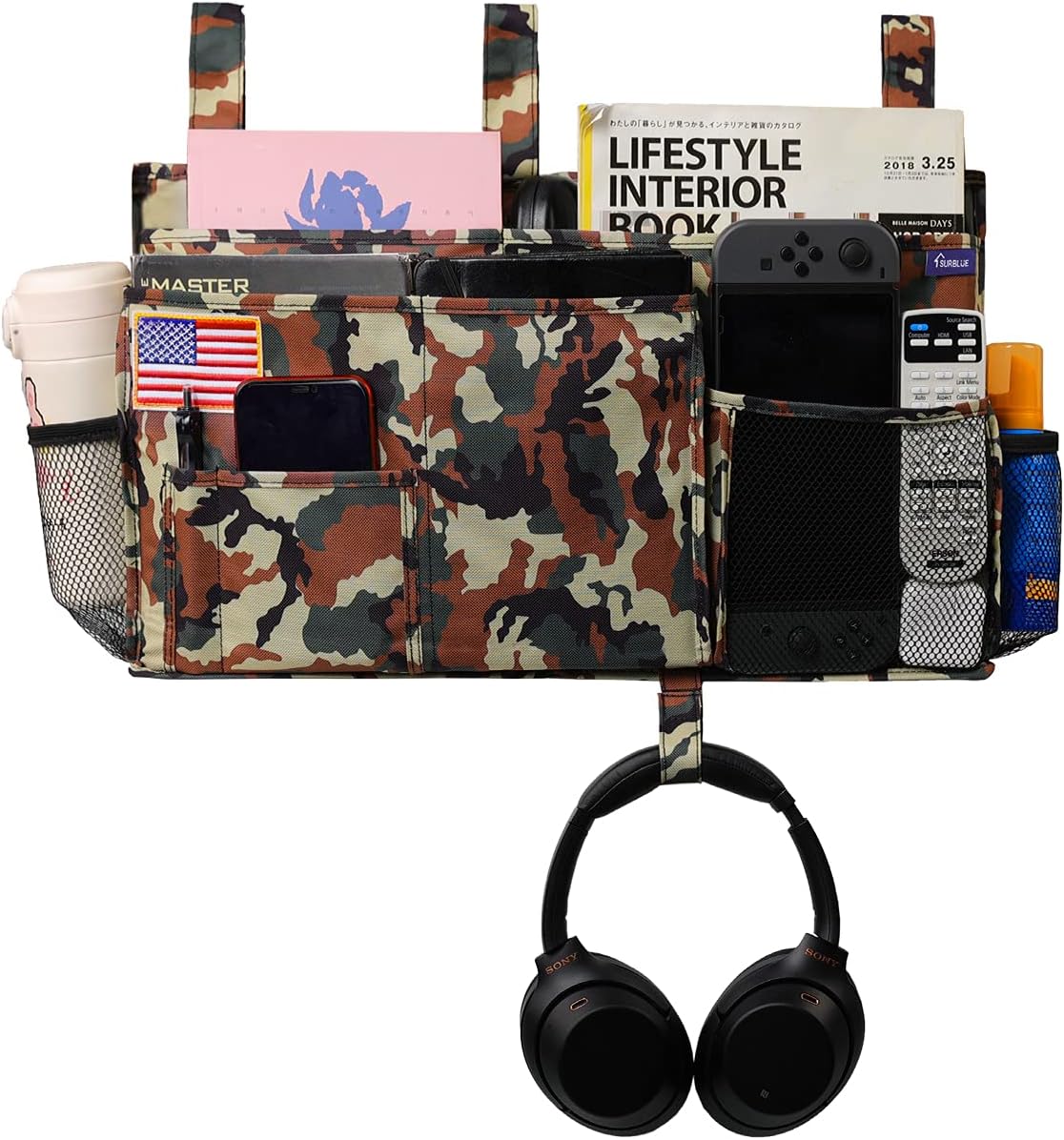 Surblue Bedside Caddy Hanging Organizer Storage Bag Pocket for Bunk, Hospital, College Dorm Rooms, Baby Bed Rails, Camp - 8 Pockets (Large, Jungle)