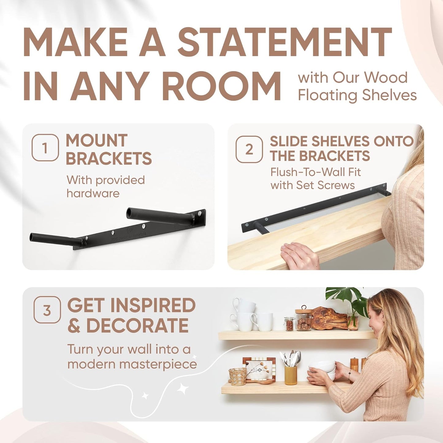 Homeforia 36 inch Wood Floating Shelves, High End Solid Natural Wood 36inch Large Floating Shelf Bathroom, Unfinished Wooden Floating Shelves for Wall, Heavy Duty Bracket, 36 X 6.5 X 1.75 in, Set of 2