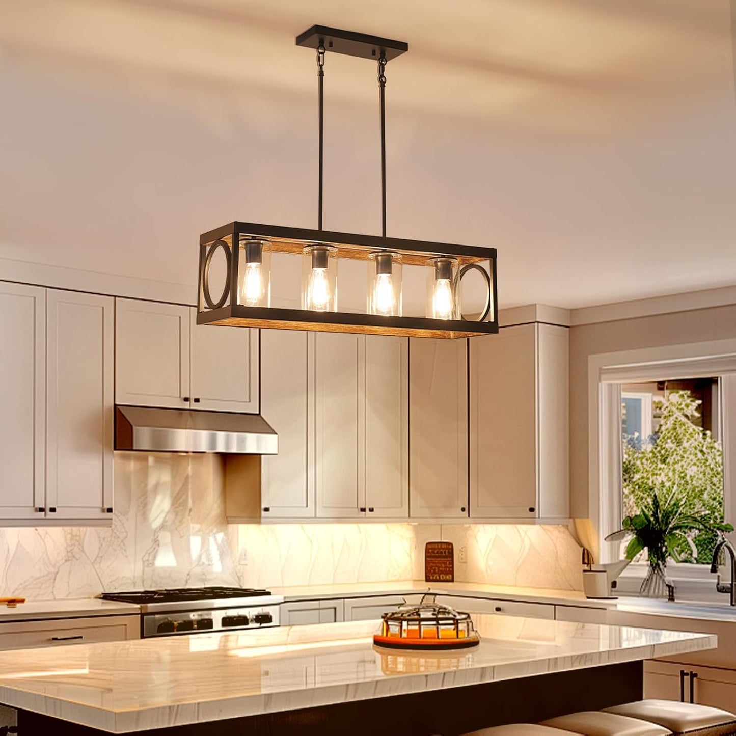 XINGQI Rectangle Chandeliers 31.5" Farmhouse Kitchen Island Lighting Fixture Over Table Modern Vintage Linear Hanging 4-Light for Dining Room Living Room Black Wood Grain Finish with Glass Lampshade