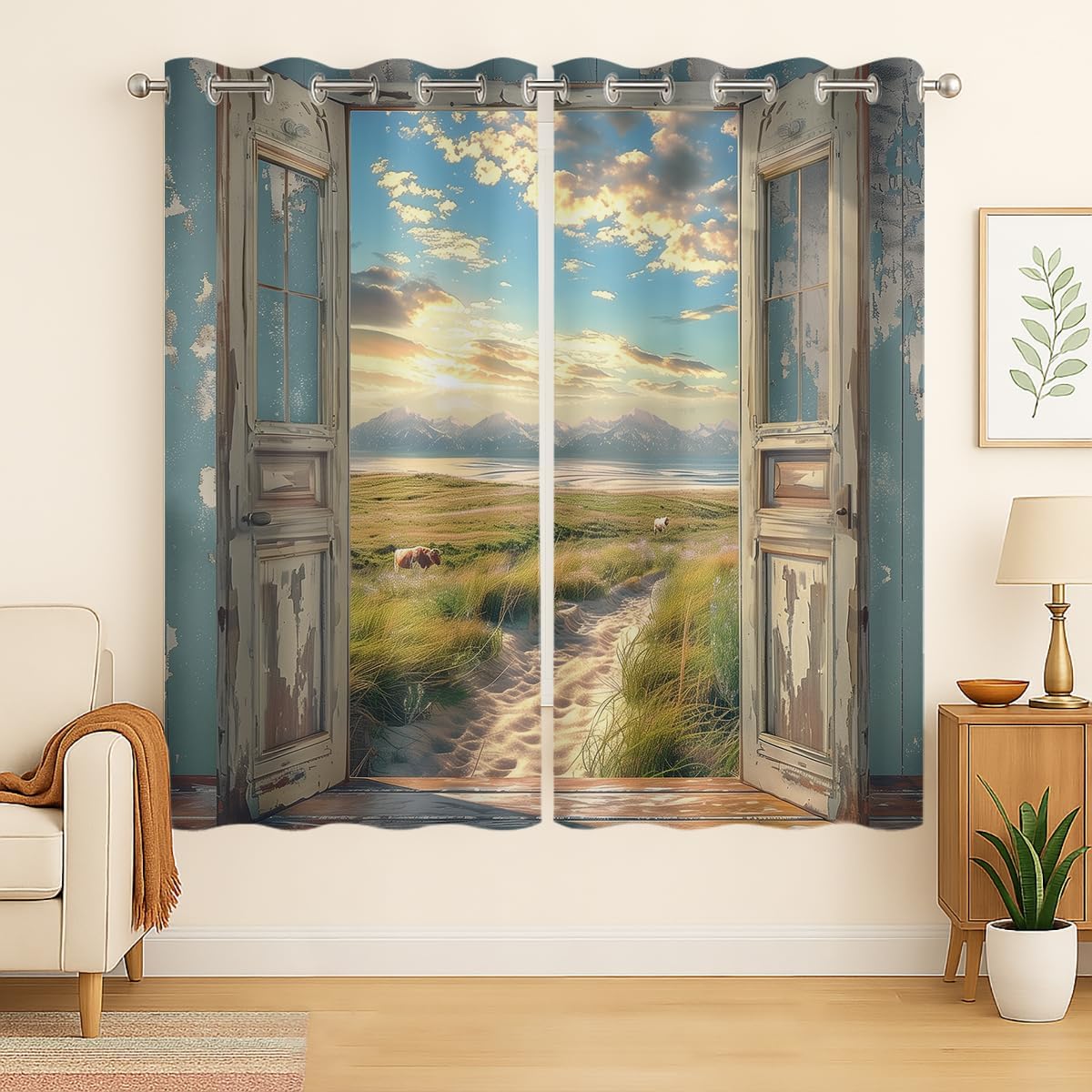 Landscape Blackout Curtains for Girls Boys Home Decor, Cow Sunset Grassland Mountain Natural Scenery Grommet Thermal Insulated Drapes Darkening Window Curtain for Bedroom Living Room, 84 x 84 Inch