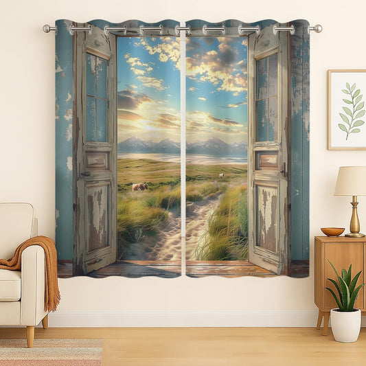 Landscape Blackout Curtains for Girls Boys Home Decor, Cow Sunset Grassland Mountain Natural Scenery Grommet Thermal Insulated Drapes Darkening Window Curtain for Bedroom Living Room, 42 x 45 Inch