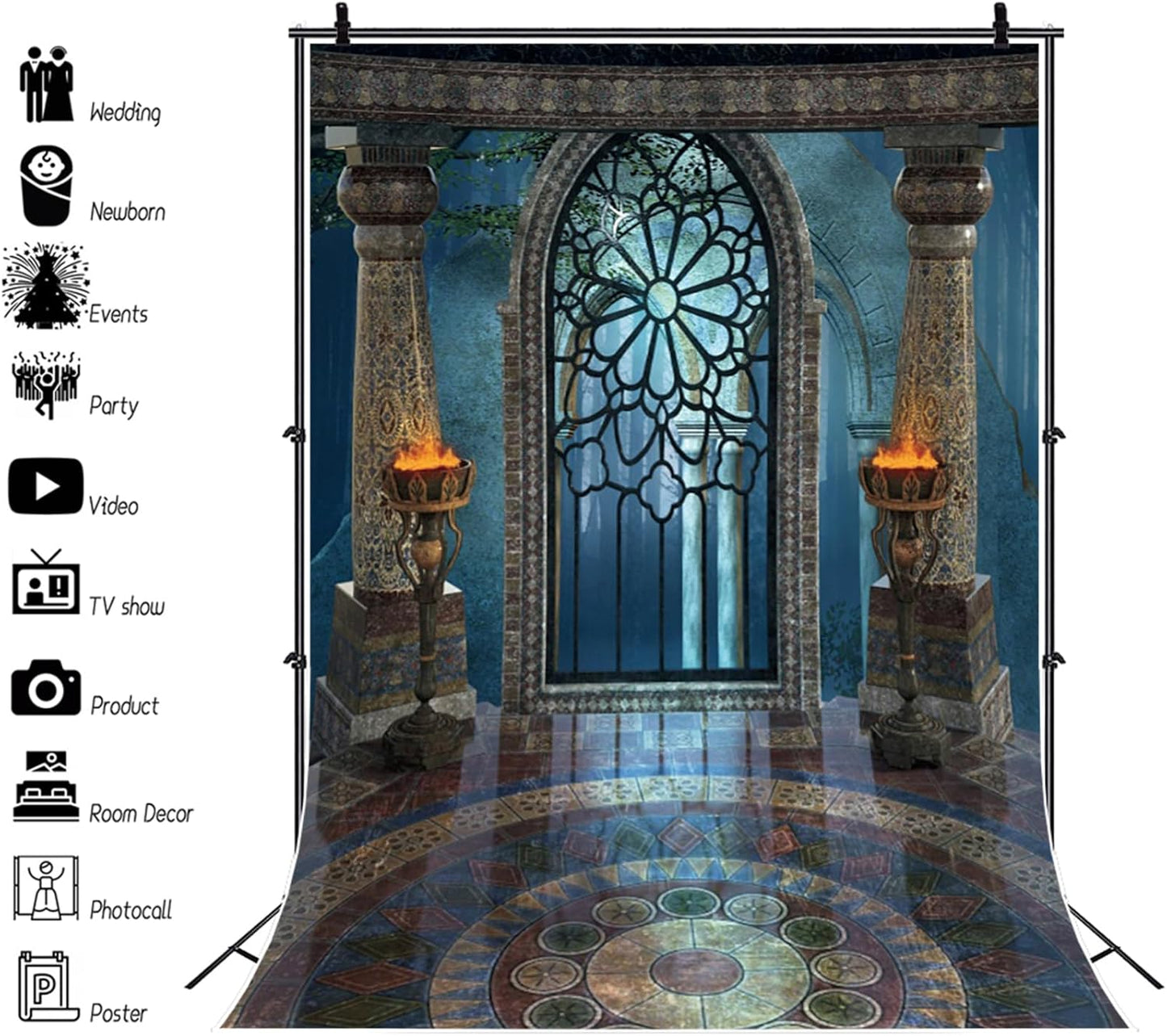 Renaiss 7x10ft Medieval Castle Backdrop for Photoshoot Portrait Pillar Torch Gothic Stone Tower Ancient Old Fortress Interior Photography Background Halloween Party Decor Wallpaper Photo Studio Props
