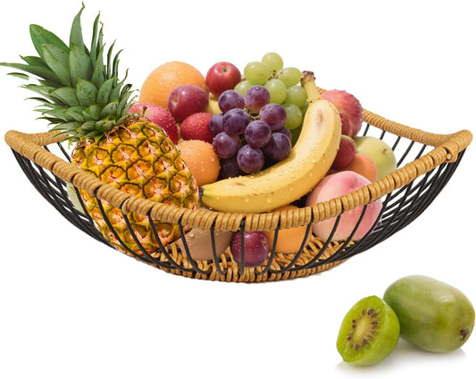 Vine Woven Iron Fruit Bowl, Metal Wire Fruit Basket, Vegetable Drain Basket, Storage Baskets for kitchen counter, countertop,Snacks, Candy, Bread,Cosmetics,Table decorative(12 x 3.7 Inches)