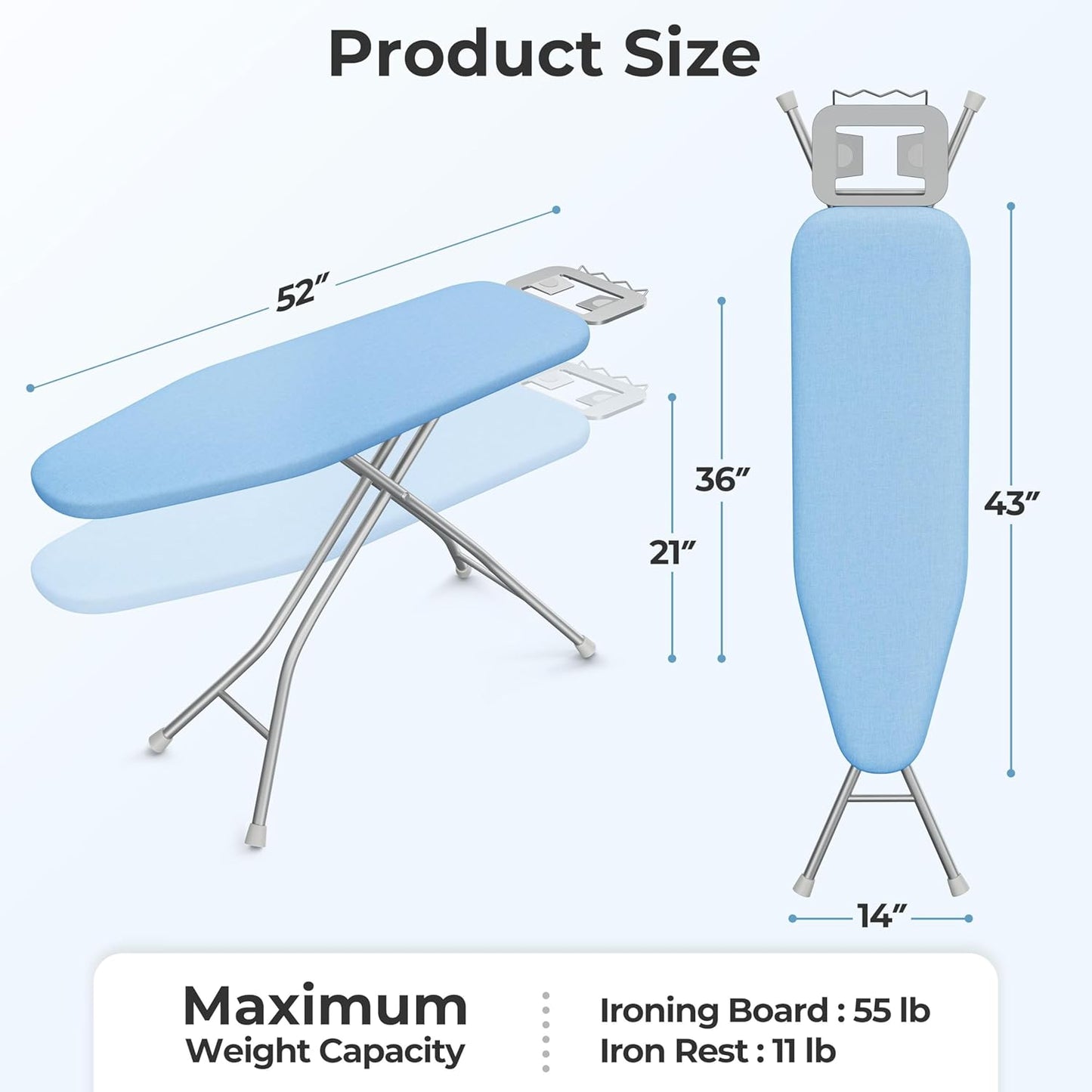 Yaheetech Foldable Ironing Board, Heavy Duty Iron Board with 9 Adjustable Heights, 4 Layer Cover and Safety Iron Rest, 52X14 Compact and Space Save Iron Board for Home Laundry Room Use, Blue